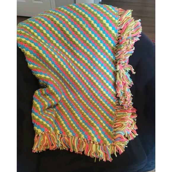 Vintage Handmade Crochet Afghan Blanket Blue Green Pink Yellow Neon 68”x 51" - Picture 4 of 13